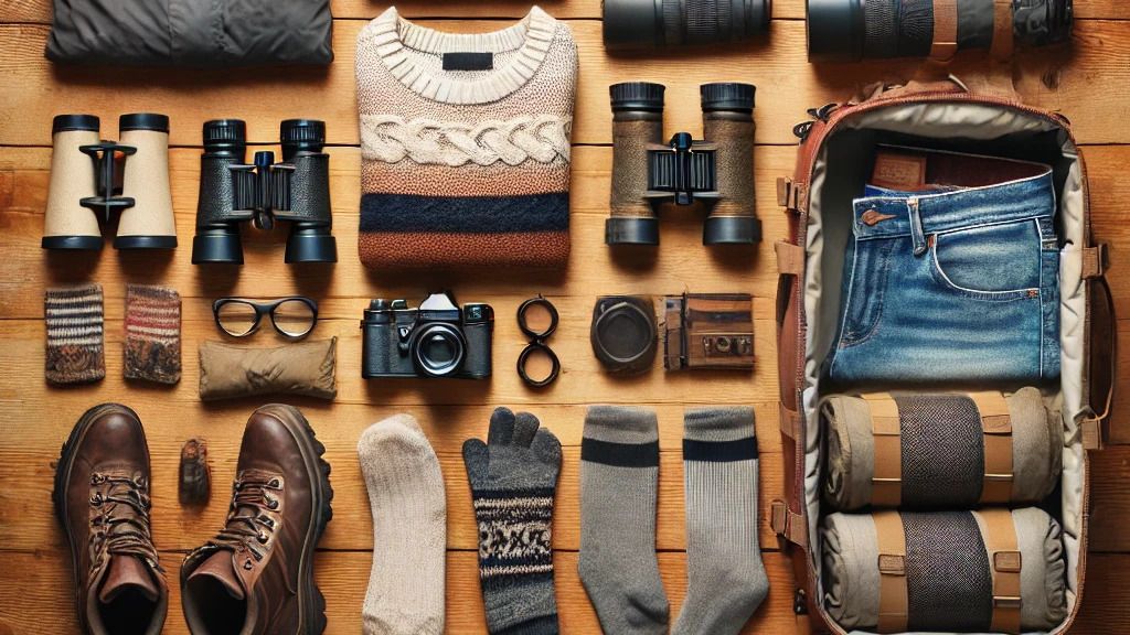 Clothing and gear for exploring Monteverde: boots, jackets, binoculars, and cameras essential for the cloud forest.