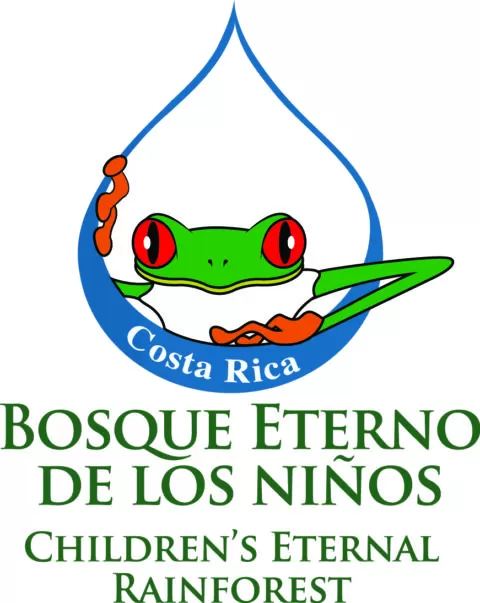 Logo of the Children’s Eternal Rainforest with a red-eyed tree frog in a water droplet