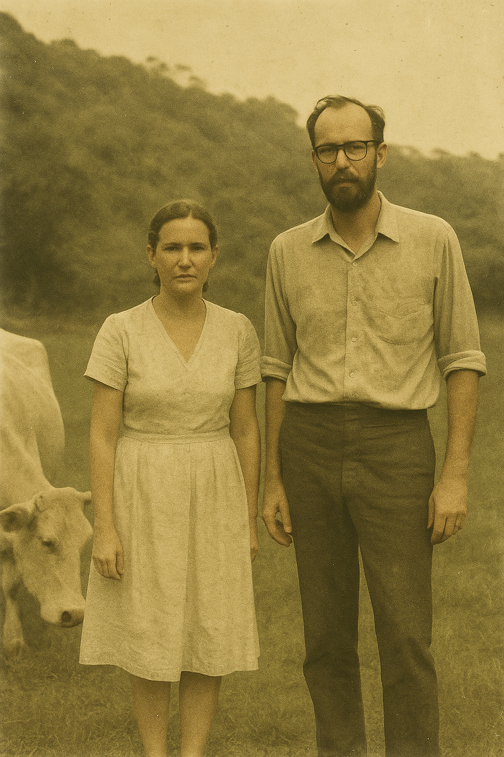 Historical portrait of a Quaker couple standing on farmland with a cow in Monteverde, Costa Rica
