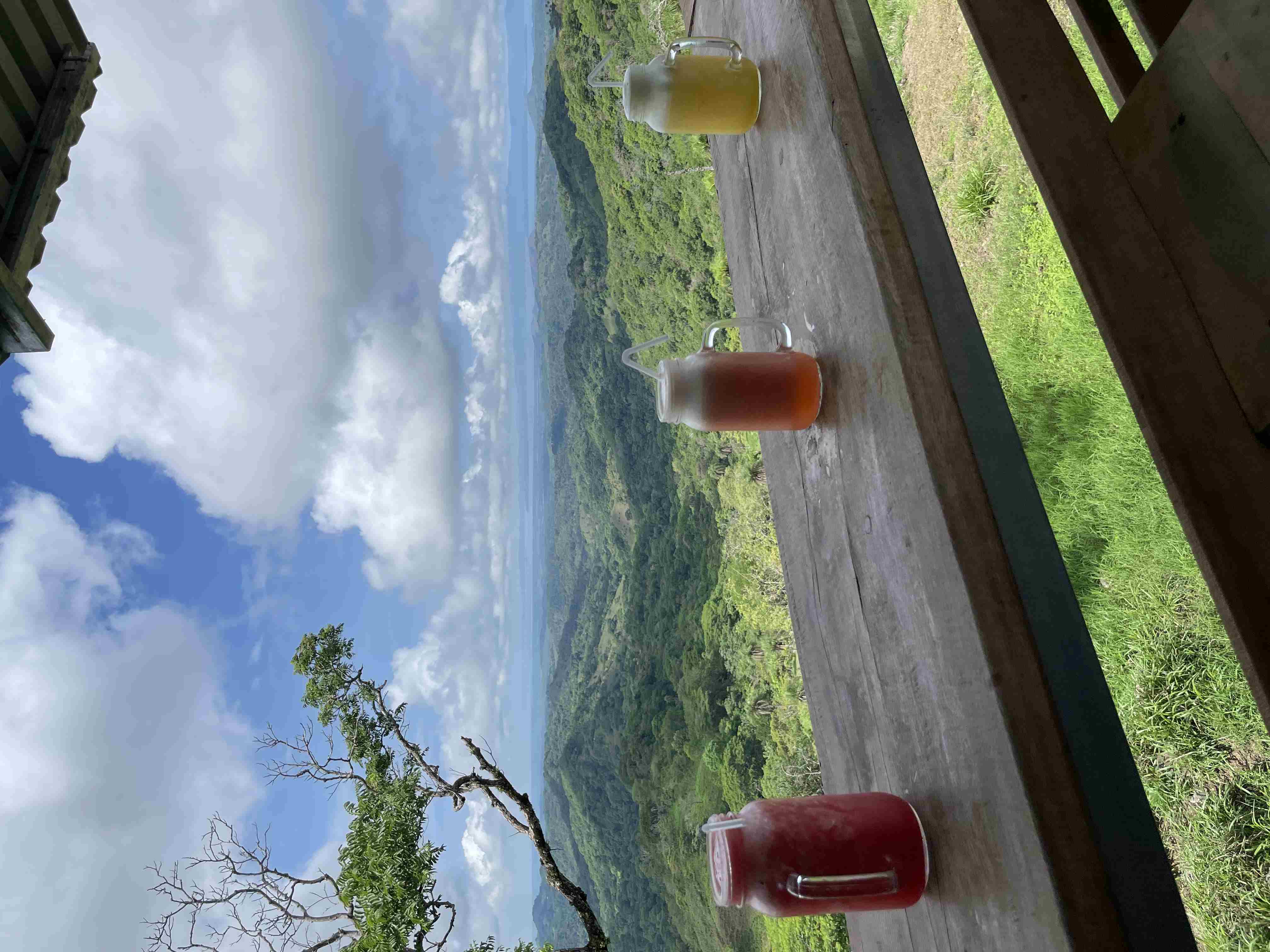 Three refreshing drinks on a balcony overlooking Monteverde’s stunning landscapes in Costa Rica.