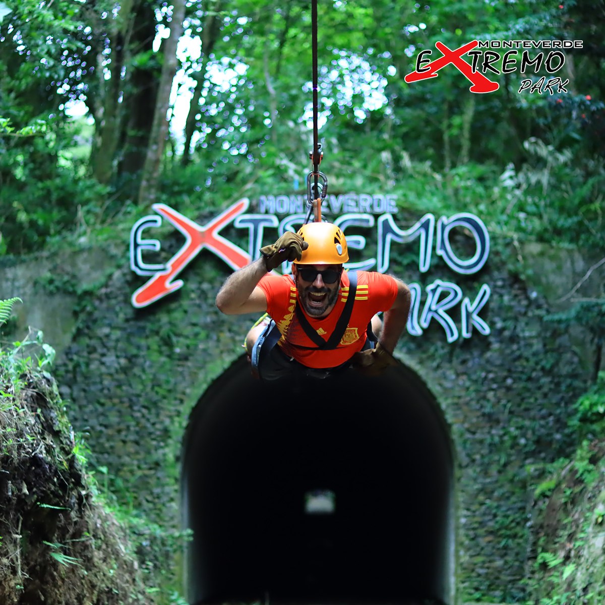 Person ziplining during a canopy tour at Monteverde Extremo Park, Costa Rica.